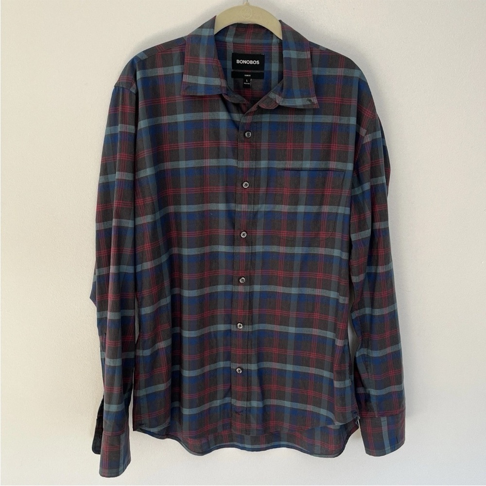 Bonobos Blue/Red Slim Fit Sz L Shirt Long Sleeve Multicolor Plaid Cotton *E23